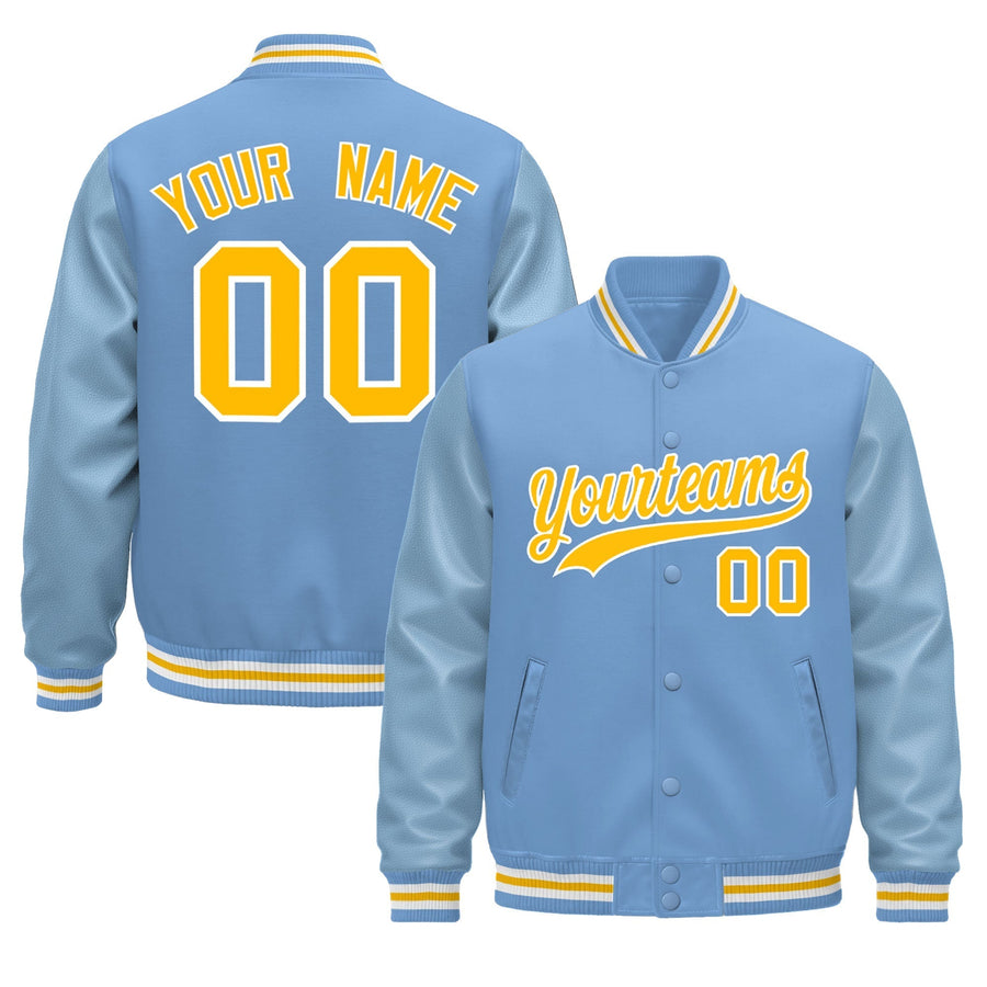 Custom Powder Blue Yellow White Classic Style Leather Sleeves Wrinkle-Resistant Jacket | BuyFootballJersey