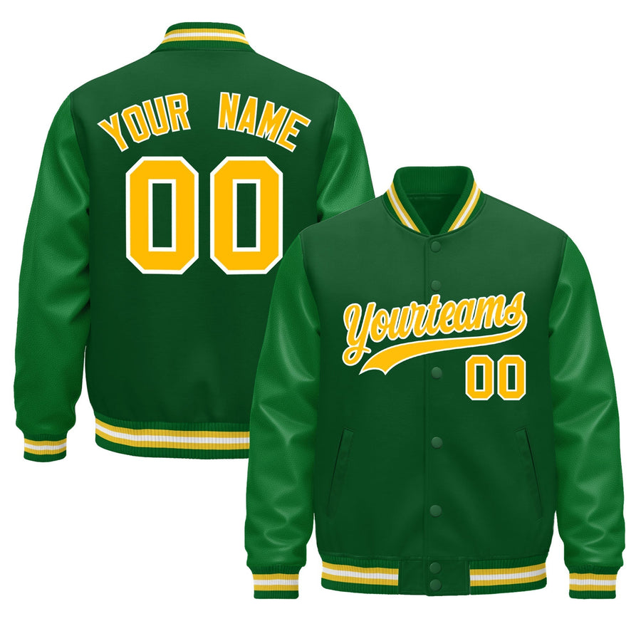 Custom Kelly Green Gold White Classic Style Leather Sleeves Wrinkle-Resistant Jacket | BuyFootballJersey