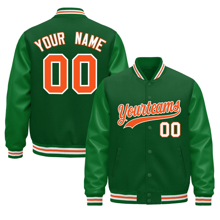 Custom Kelly Green White Orange Classic Style Leather Sleeves Wrinkle-Resistant Jacket | BuyFootballJersey