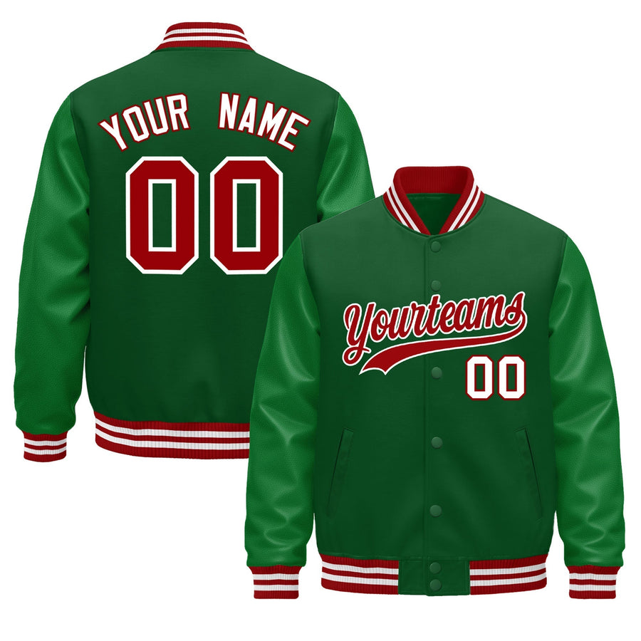 Custom Kelly Green Red White Classic Style Leather Sleeves Wrinkle-Resistant Jacket | BuyFootballJersey