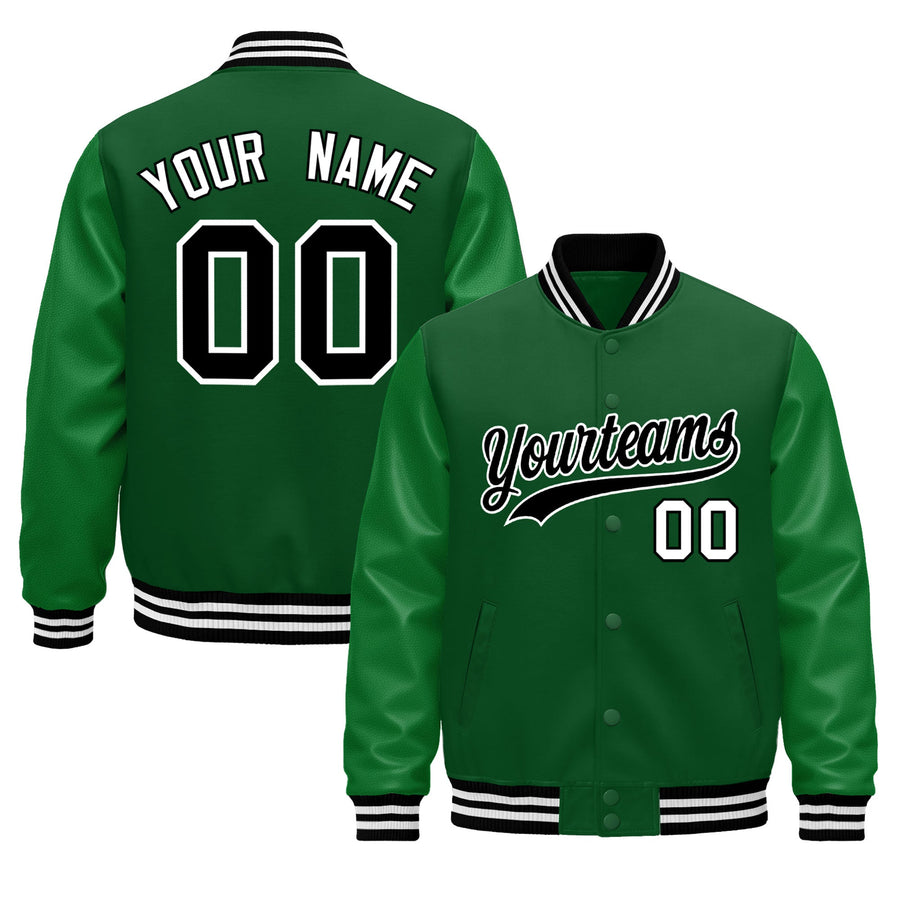 Custom Kelly Green Black White Classic Style Leather Sleeves Wrinkle-Resistant Jacket | BuyFootballJersey