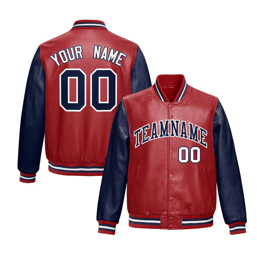 Custom Red Navy Raglan Sleeves Full-Snap Varsity Faux Leather Letterman Jacket | BuyFootballJersey