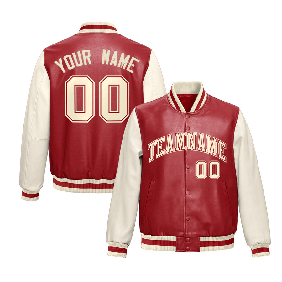 Custom Red Cream Raglan Sleeves Full-Snap Varsity Faux Leather Letterman Jacket | BuyFootballJersey