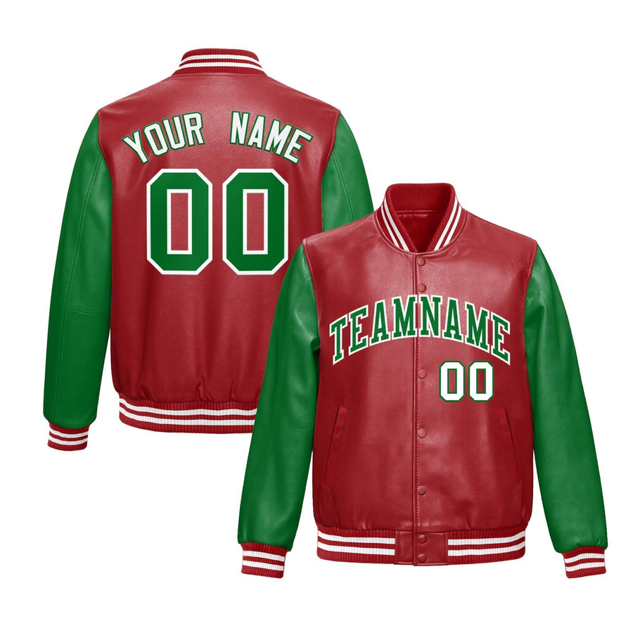Custom Red Kelly Green Raglan Sleeves Full-Snap Varsity Faux Leather Letterman Jacket | BuyFootballJersey