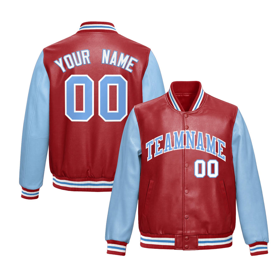 Custom Red Powder Blue Raglan Sleeves Full-Snap Varsity Faux Leather Letterman Jacket | BuyFootballJersey