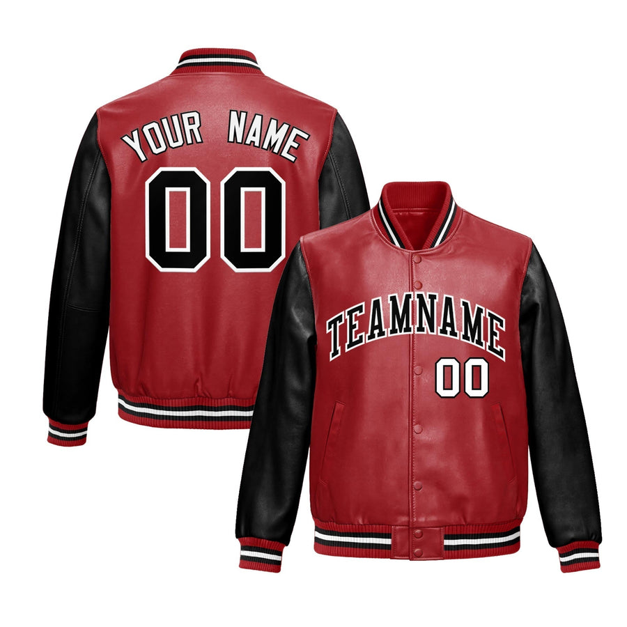 Custom Red Black Raglan Sleeves Full-Snap Varsity Faux Leather Letterman Jacket | BuyFootballJersey