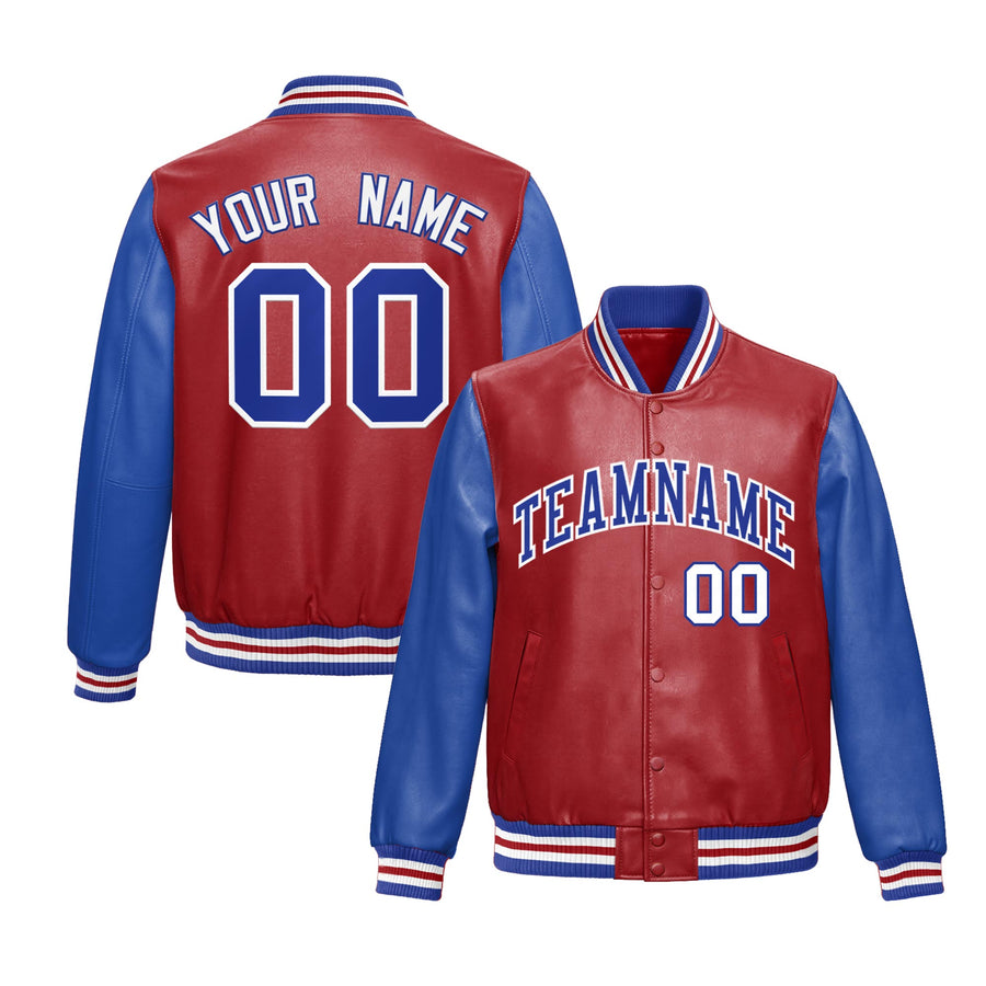 Custom Red Royal Blue Raglan Sleeves Full-Snap Varsity Faux Leather Letterman Jacket | BuyFootballJersey