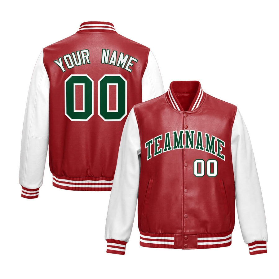 Custom Red White Raglan Sleeves Full-Snap Varsity Faux Leather Letterman Jacket | BuyFootballJersey