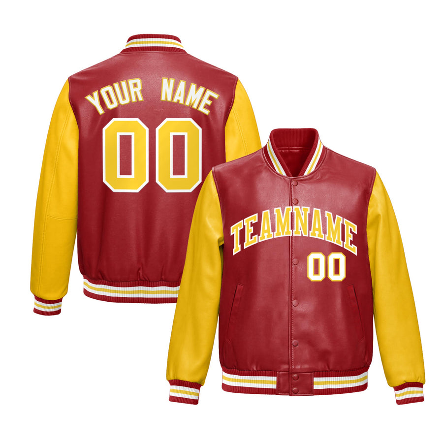 Custom Red Yellow Raglan Sleeves Full-Snap Varsity Faux Leather Letterman Jacket | BuyFootballJersey