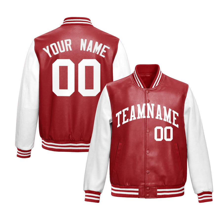 Custom Red White Raglan Sleeves Full-Snap Varsity Faux Leather Letterman Jacket | BuyFootballJersey