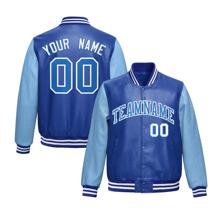 Custom Royal Blue Powder Blue Raglan Sleeves Full-Snap Varsity Faux Leather Letterman Jacket | BuyFootballJersey