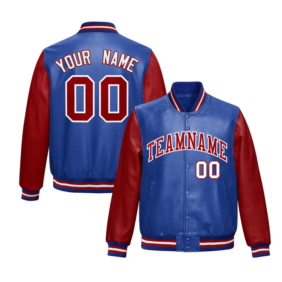 Custom Royal Blue Red Raglan Sleeves Full-Snap Varsity Faux Leather Letterman Jacket | BuyFootballJersey