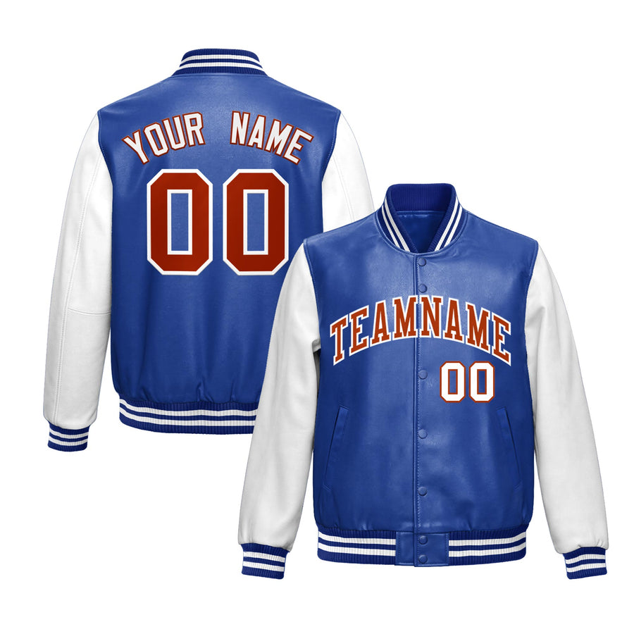 Custom Royal Blue White Raglan Sleeves Full-Snap Varsity Faux Leather Letterman Jacket | BuyFootballJersey