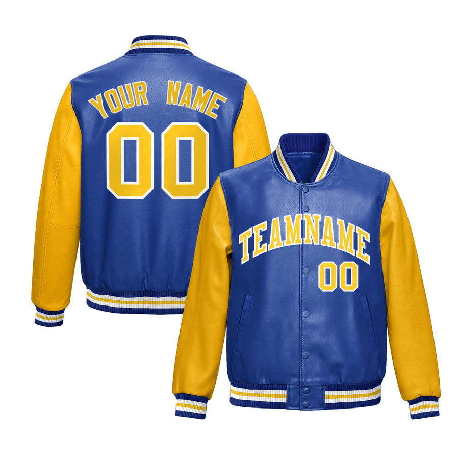 Custom Royal Blue Yellow Raglan Sleeves Full-Snap Varsity Faux Leather Letterman Jacket | BuyFootballJersey