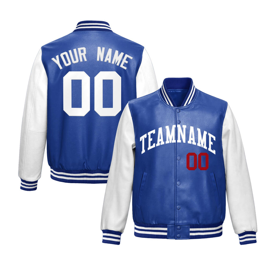 Custom Royal Blue White Raglan Sleeves Full-Snap Varsity Faux Leather Letterman Jacket | BuyFootballJersey