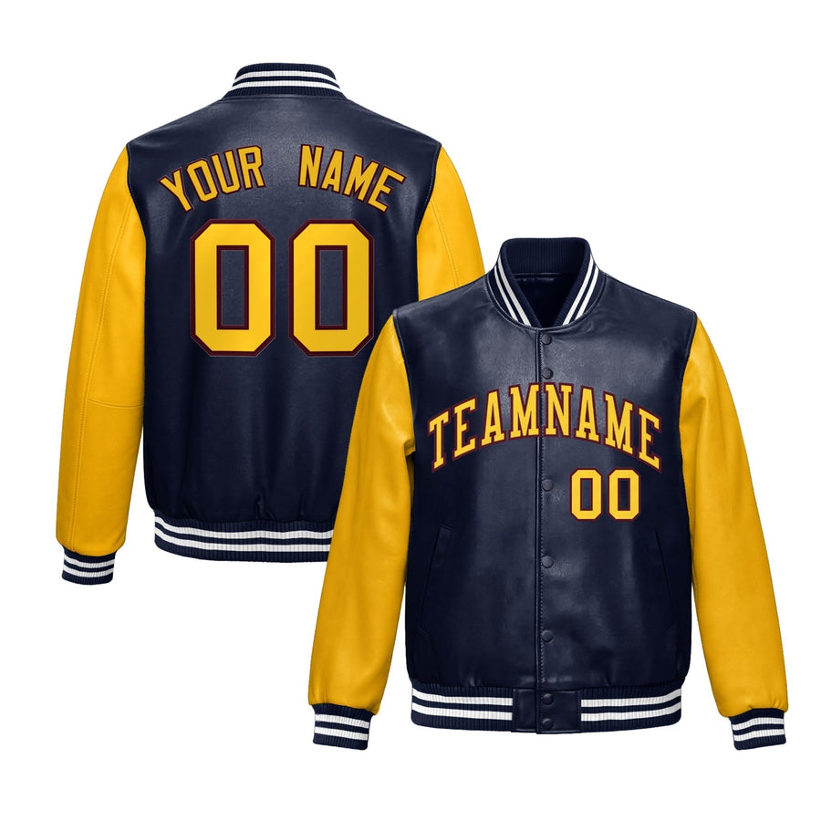 Custom Navy Yellow Raglan Sleeves Full-Snap Varsity Faux Leather Letterman Jacket | BuyFootballJersey