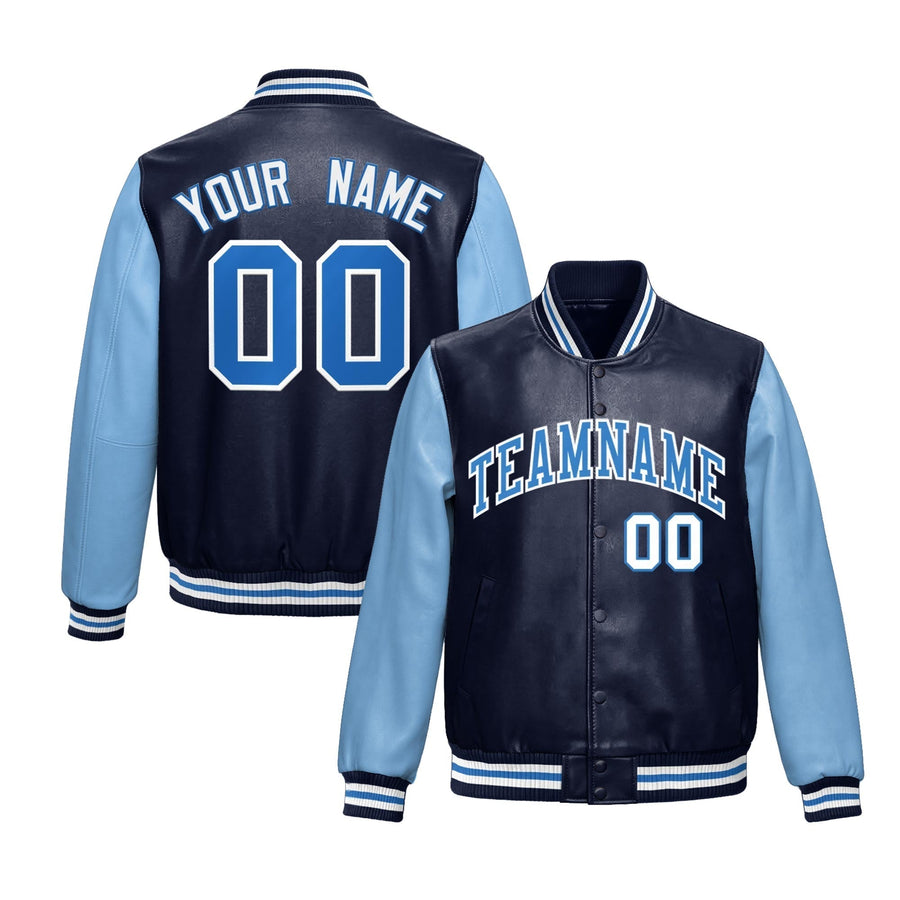 Custom Navy Powder Blue Raglan Sleeves Full-Snap Varsity Faux Leather Letterman Jacket | BuyFootballJersey