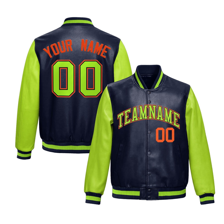 Custom Neon Green Navy Raglan Sleeves Full-Snap Varsity Faux Leather Letterman Jacket | BuyFootballJersey