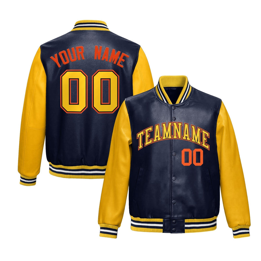 Custom Navy Yellow Raglan Sleeves Full-Snap Varsity Faux Leather Letterman Jacket | BuyFootballJersey