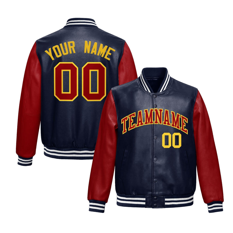 Custom Navy Red Raglan Sleeves Full-Snap Varsity Faux Leather Letterman Jacket | BuyFootballJersey