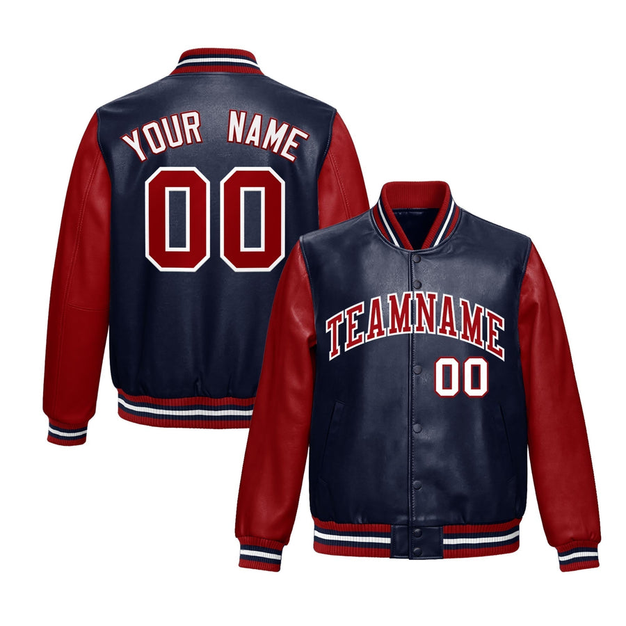 Custom Navy Red Raglan Sleeves Full-Snap Varsity Faux Leather Letterman Jacket | BuyFootballJersey