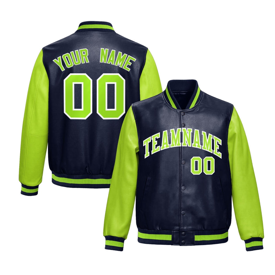 Custom Navy Neon Green Raglan Sleeves Full-Snap Varsity Faux Leather Letterman Jacket | BuyFootballJersey