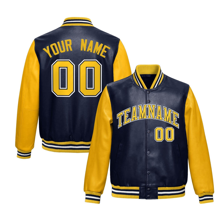 Custom Navy Yellow Raglan Sleeves Full-Snap Varsity Faux Leather Letterman Jacket | BuyFootballJersey