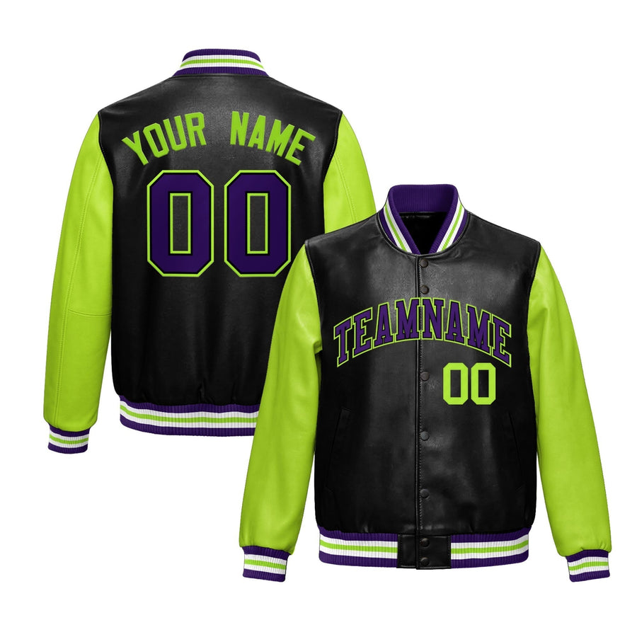 Custom Black Neon Green Raglan Sleeves Full-Snap Varsity Faux Leather Letterman Jacket | BuyFootballJersey