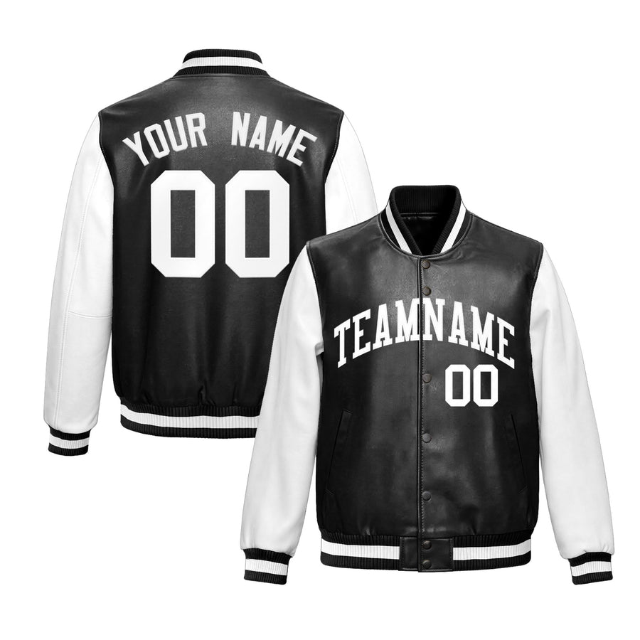 Custom Black White Raglan Sleeves Full-Snap Varsity Faux Leather Letterman Jacket | BuyFootballJersey
