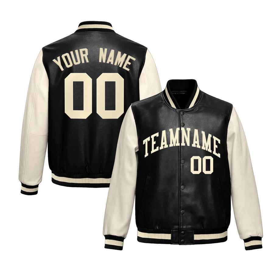 Custom Black Cream Raglan Sleeves Full-Snap Varsity Faux Leather Letterman Jacket | BuyFootballJersey