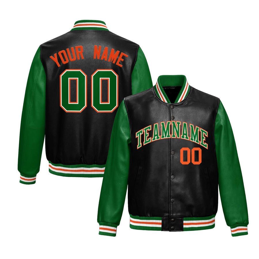 Custom Black Kelly Green Raglan Sleeves Full-Snap Varsity Faux Leather Letterman Jacket | BuyFootballJersey