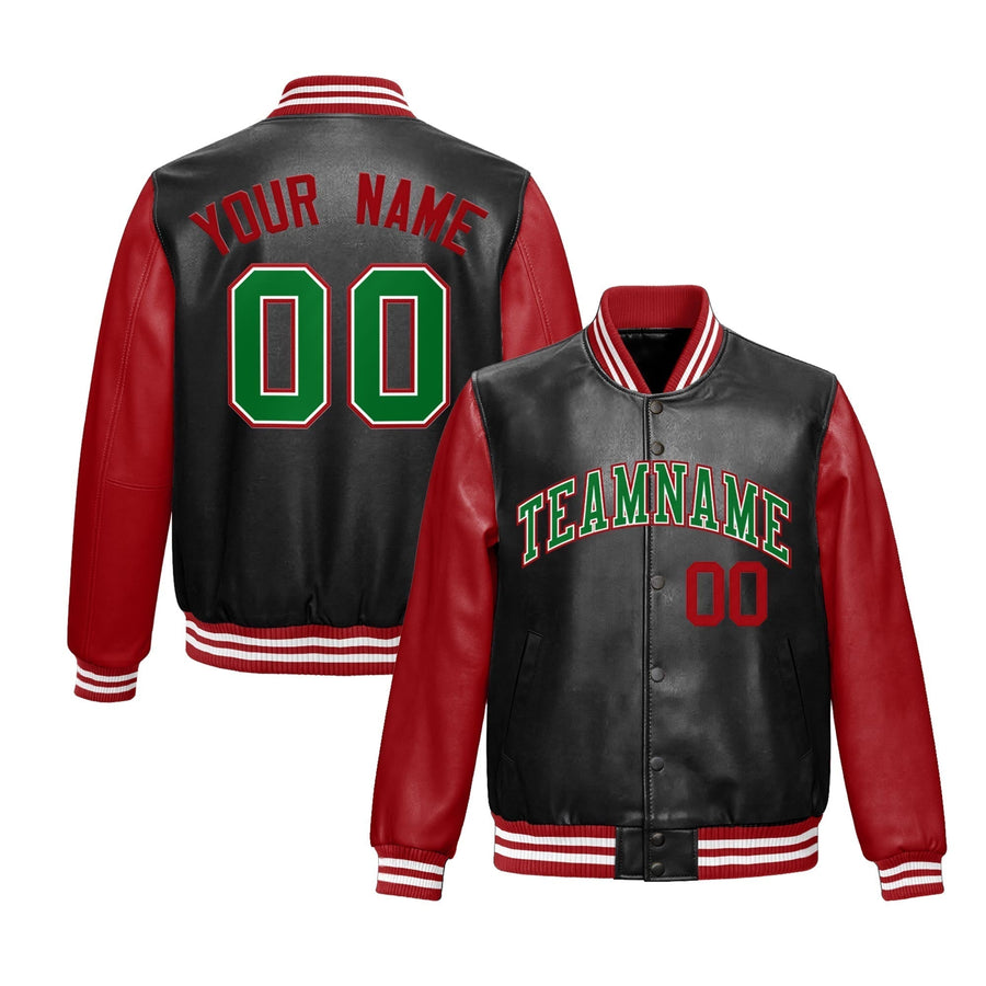 Custom Black Red Kelly Green Raglan Sleeves Full-Snap Varsity Faux Leather Letterman Jacket | BuyFootballJersey