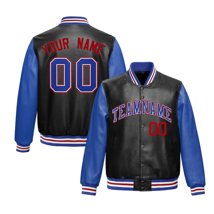 Custom Black Royal Blue Red Raglan Sleeves Full-Snap Varsity Faux Leather Letterman Jacket | BuyFootballJersey