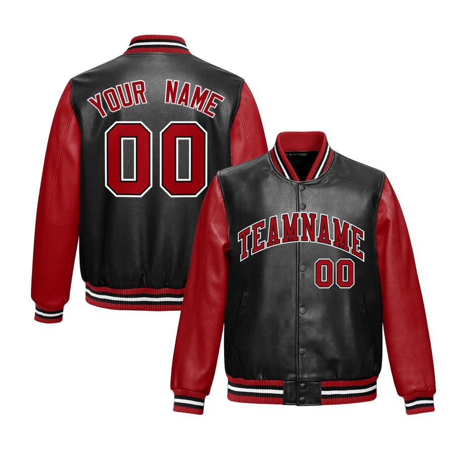Custom Black Red Raglan Sleeves Full-Snap Varsity Faux Leather Letterman Jacket | BuyFootballJersey