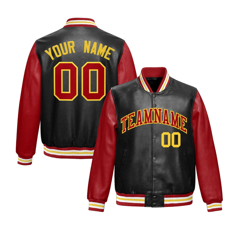 Custom Black Red Gold Raglan Sleeves Full-Snap Varsity Faux Leather Letterman Jacket | BuyFootballJersey
