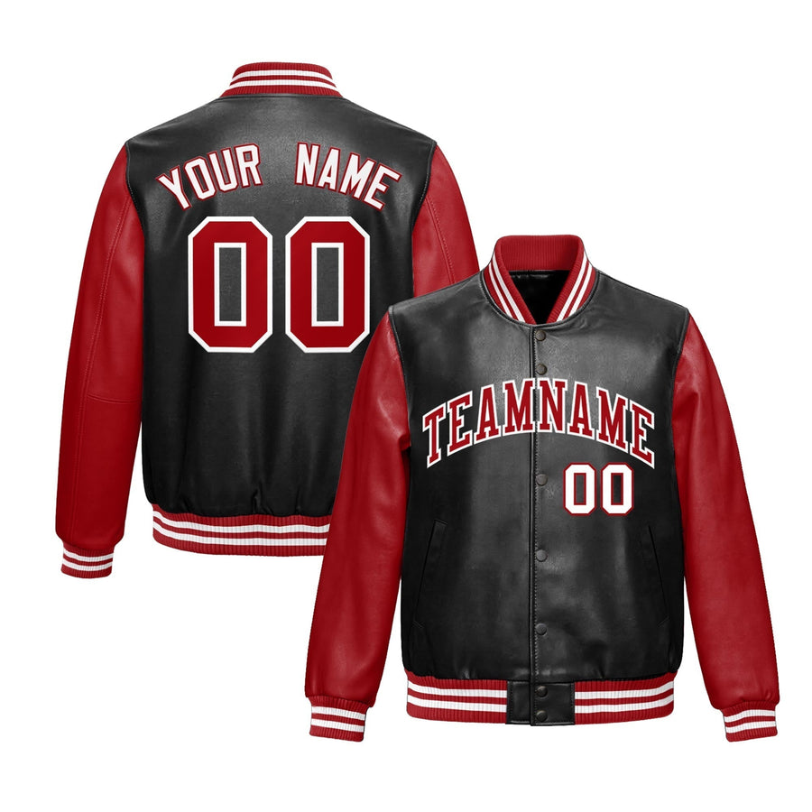 Custom Black Red White Raglan Sleeves Full-Snap Varsity Faux Leather Letterman Jacket | BuyFootballJersey