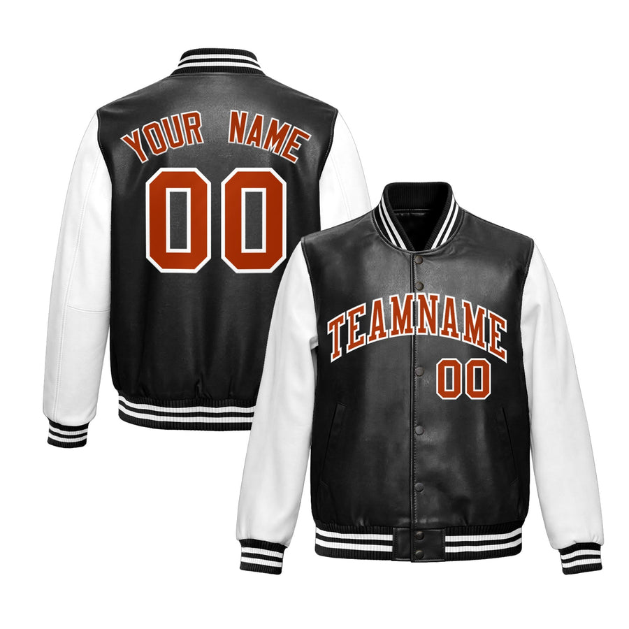 Custom Black White Dark Orange Raglan Sleeves Full-Snap Varsity Faux Leather Letterman Jacket | BuyFootballJersey