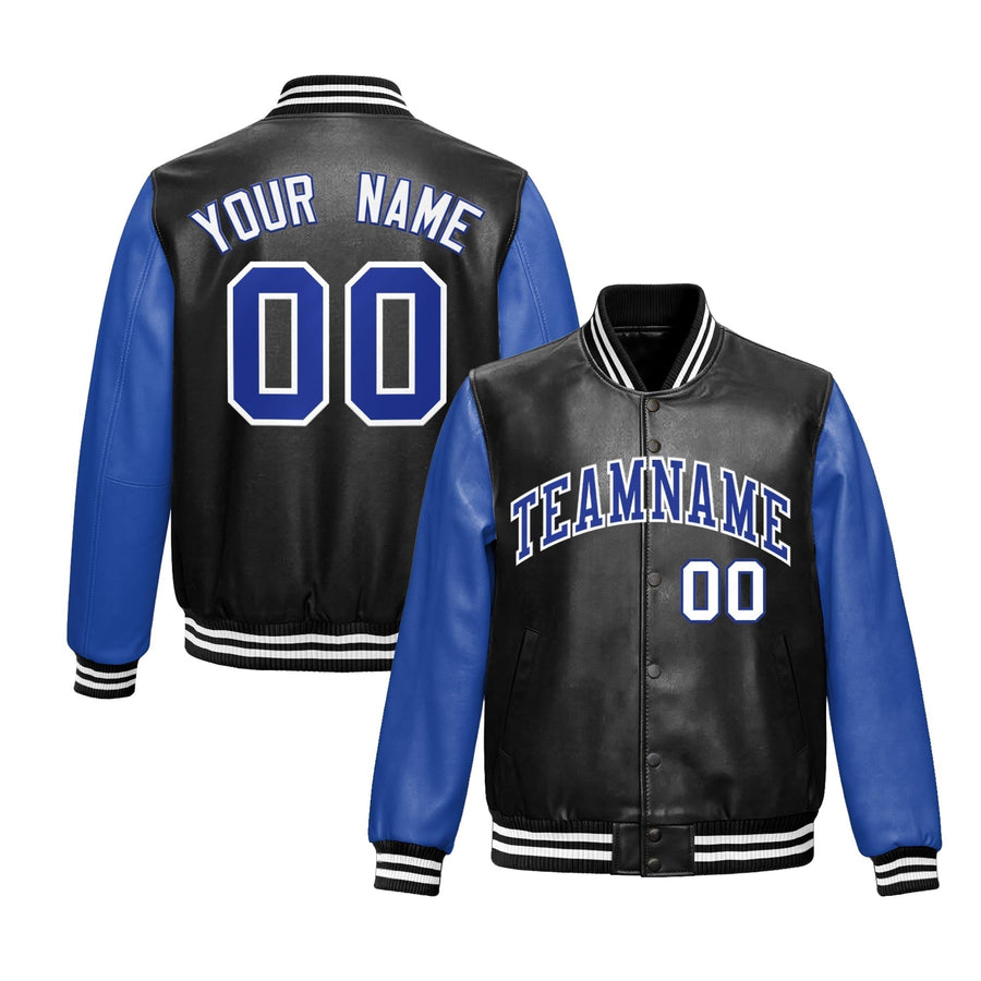Custom Black Royal Blue Raglan Sleeves Full-Snap Varsity Faux Leather Letterman Jacket | BuyFootballJersey
