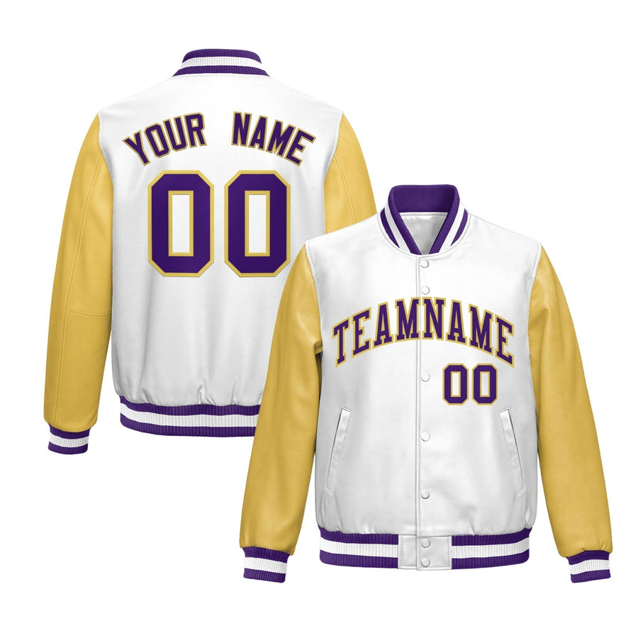 Custom White Khaki Raglan Sleeves Full-Snap Varsity Faux Leather Letterman Jacket | BuyFootballJersey