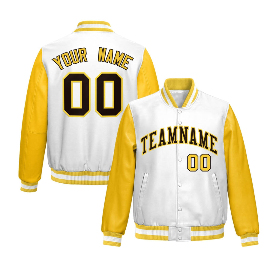 Custom White Yellow Raglan Sleeves Full-Snap Varsity Faux Leather Letterman Jacket | BuyFootballJersey