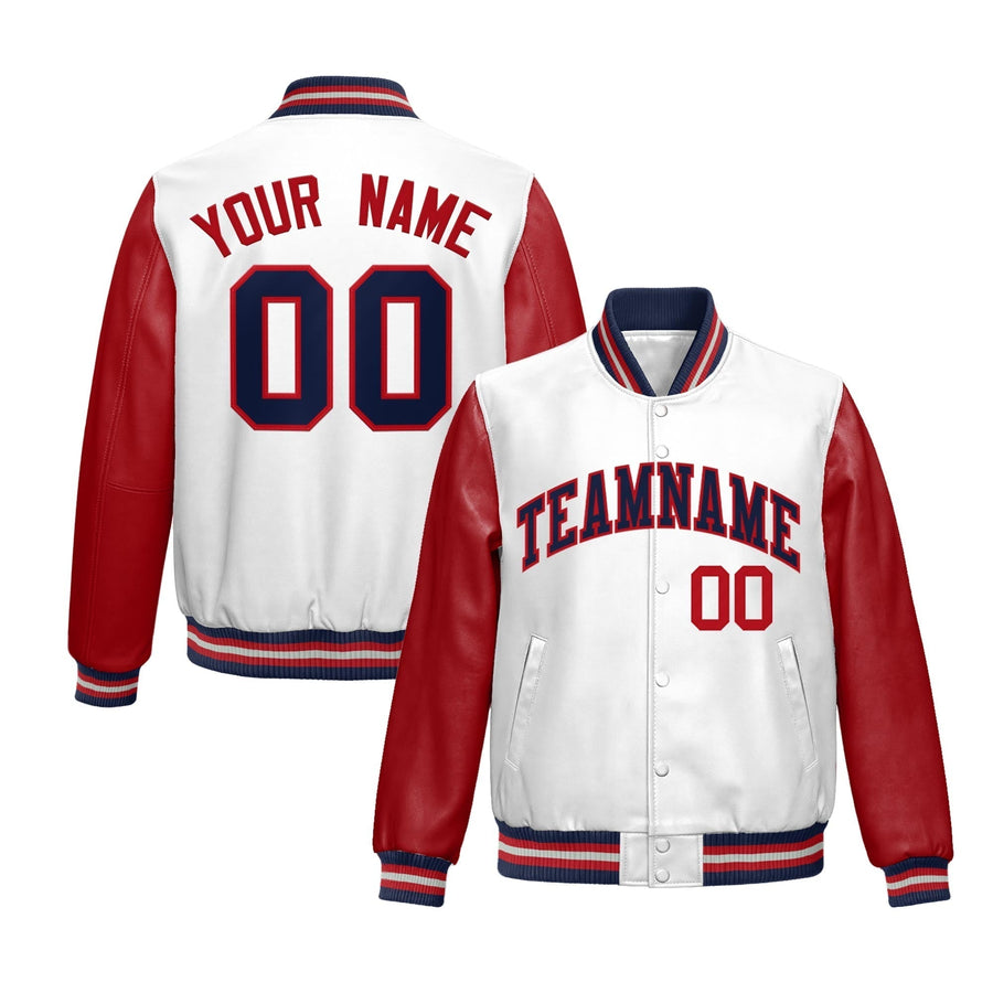 Custom White Red Navy Raglan Sleeves Full-Snap Varsity Faux Leather Letterman Jacket | BuyFootballJersey