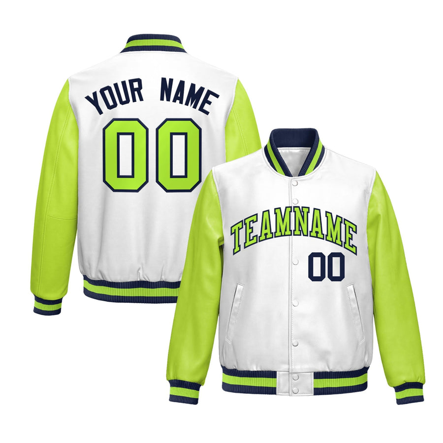 Custom White Neon Green Raglan Sleeves Full-Snap Varsity Faux Leather Letterman Jacket | BuyFootballJersey
