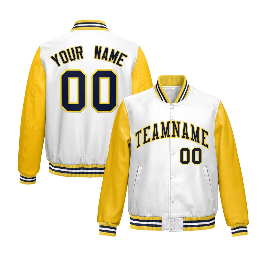 Custom White Yellow Raglan Sleeves Full-Snap Varsity Faux Leather Letterman Jacket | BuyFootballJersey