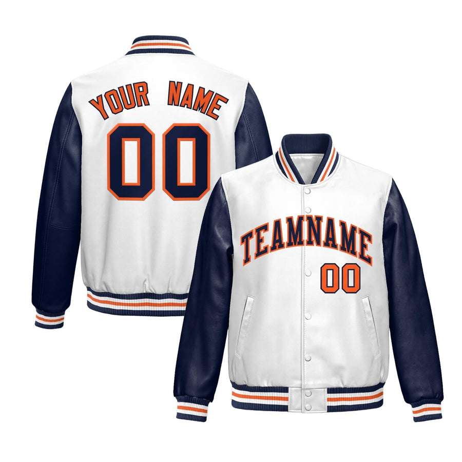 Custom White Navy Raglan Sleeves Full-Snap Varsity Faux Leather Letterman Jacket | BuyFootballJersey