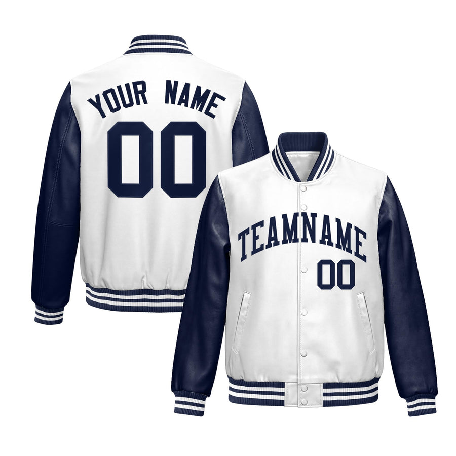 Custom Navy White Raglan Sleeves Full-Snap Varsity Faux Leather Letterman Jacket | BuyFootballJersey