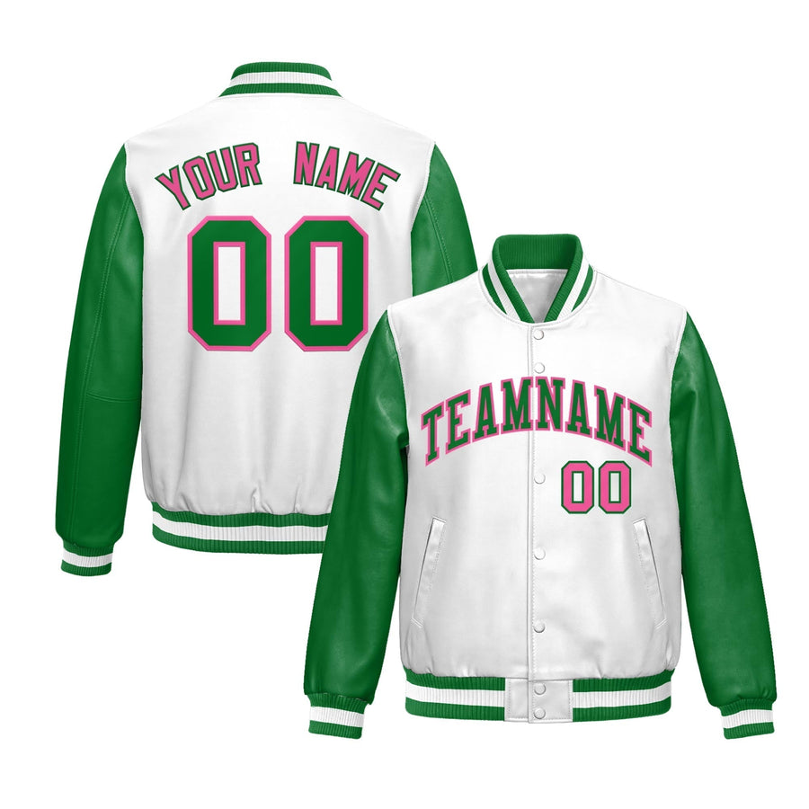 Custom Kelly Green White Raglan Sleeves Full-Snap Varsity Faux Leather Letterman Jacket | BuyFootballJersey