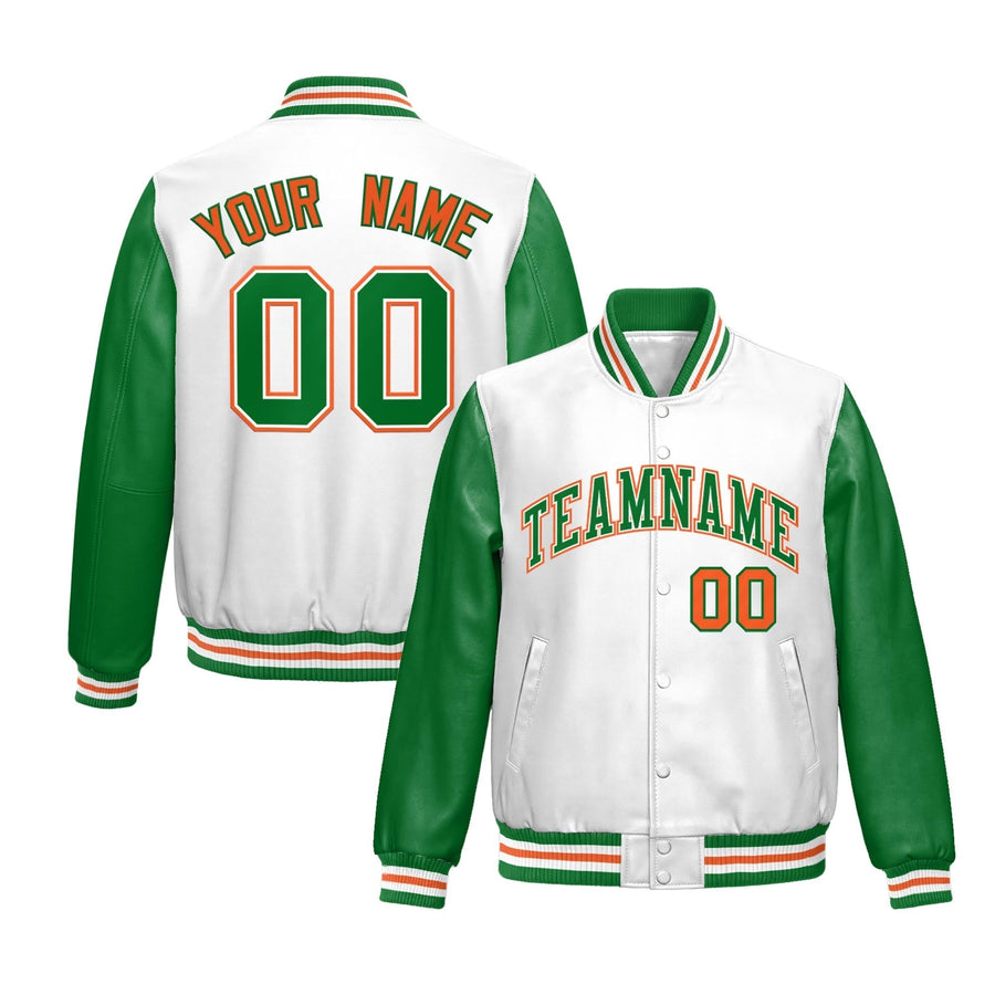 Custom White Kelly Green Raglan Sleeves Full-Snap Varsity Faux Leather Letterman Jacket | BuyFootballJersey