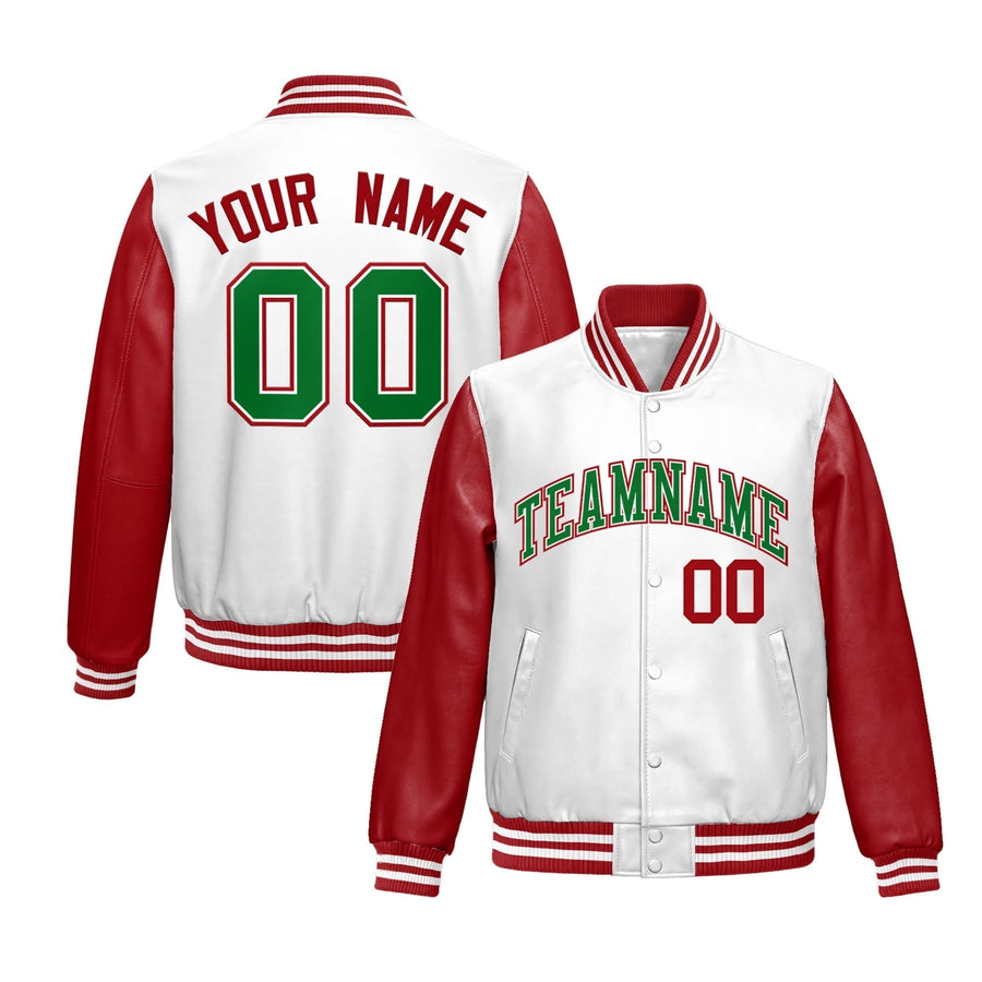 Custom White Red Raglan Sleeves Full-Snap Varsity Faux Leather Letterman Jacket | BuyFootballJersey