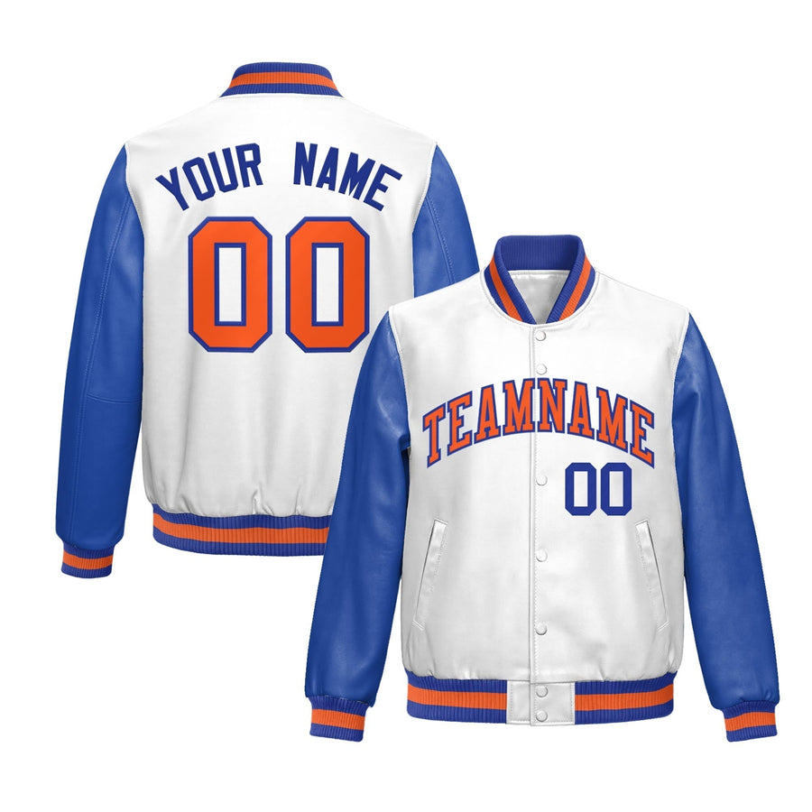Custom White Royal Blue Raglan Sleeves Full-Snap Varsity Faux Leather Letterman Jacket | BuyFootballJersey