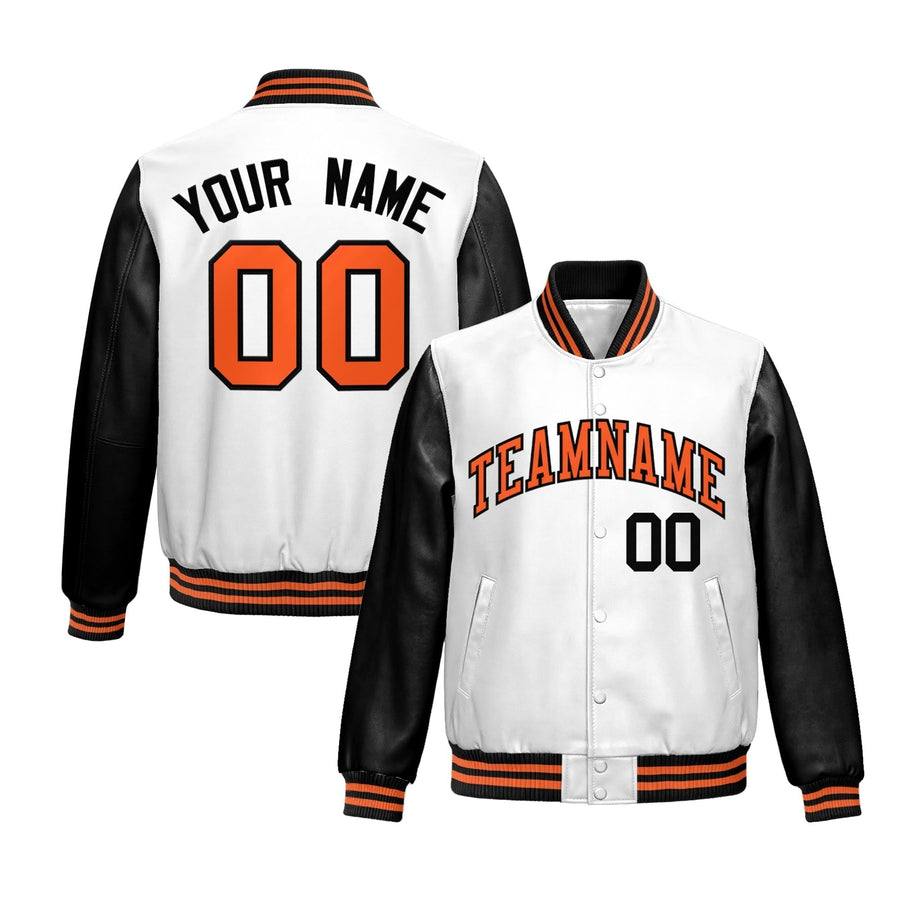 Custom White Black Raglan Sleeves Full-Snap Varsity Faux Leather Letterman Jacket | BuyFootballJersey